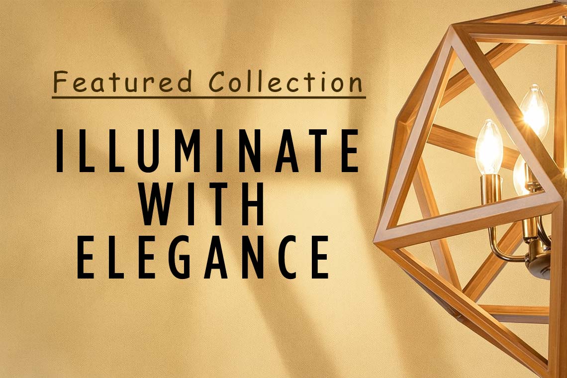 Geometric wooden pendant light with glowing bulbs beside the text 'Illuminate with Elegance – Featured Collection' on a soft golden background