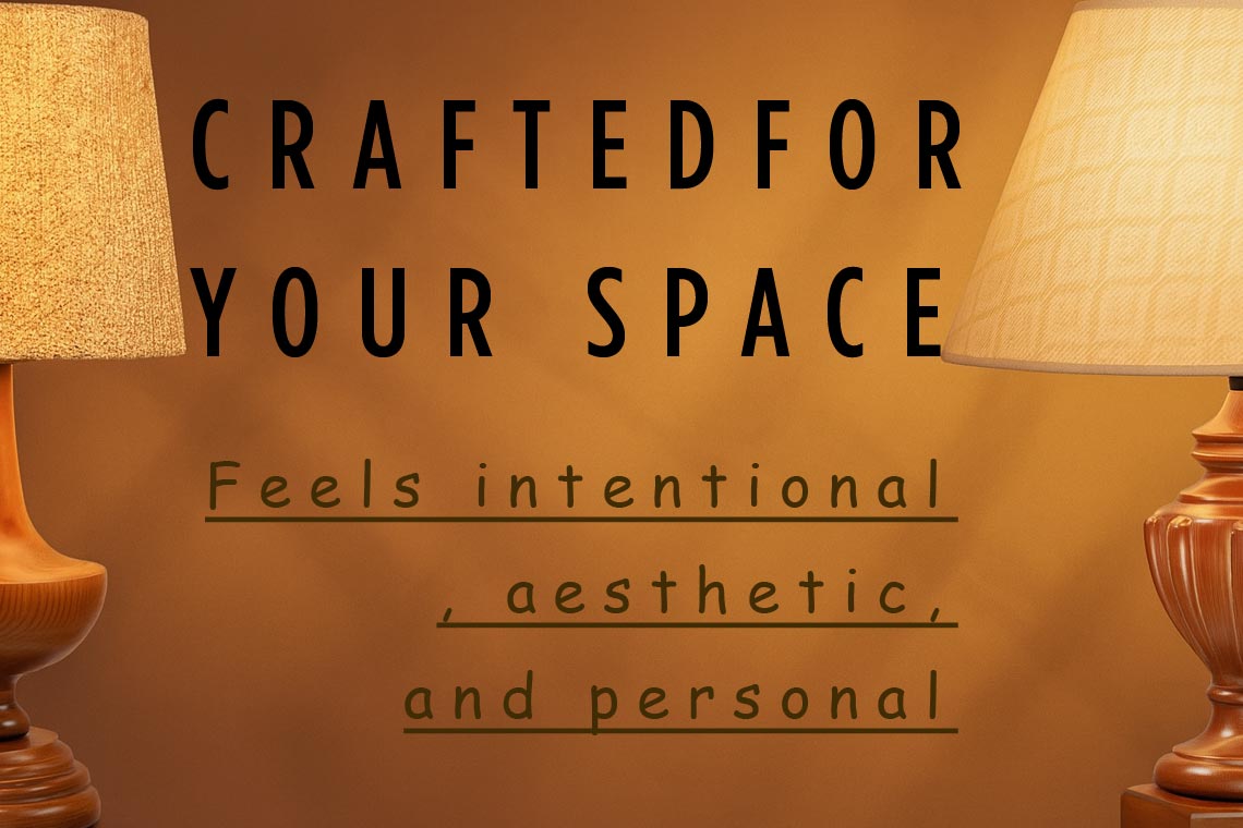 "Warm-toned promotional banner with two wooden table lamps and the text: 'Crafted for your space — Feels intentional, aesthetic, and personal' on a soft amber background