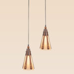 Double cone-shaped pendant light with carved wooden accents and frosted glass – Checkmark Model 22-2 – Twin traditional ceiling fixture for dining and kitchen spaces