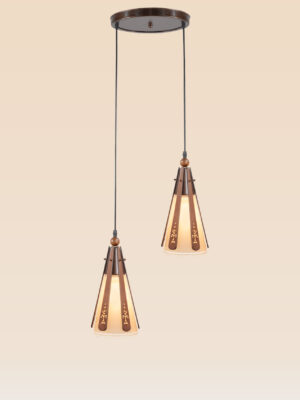 Double cone-shaped pendant light with carved wooden accents and frosted glass – Checkmark Model 22-2 – Twin traditional ceiling fixture for dining and kitchen spaces