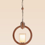 Pendant light with a circular wood frame and frosted glass cylinder diffuser, suspended by chain – model 21 by Checkmark.