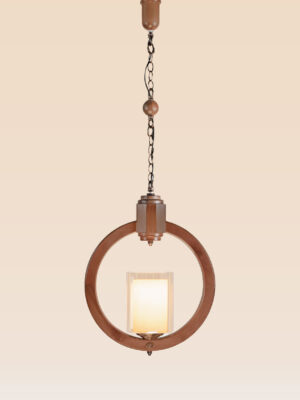 Pendant light with a circular wood frame and frosted glass cylinder diffuser, suspended by chain – model 21 by Checkmark.