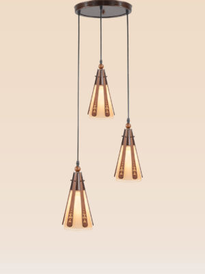 Triple pendant light with cone-shaped carved wooden accents and frosted glass – Checkmark Model 22-3 – Traditional rustic ceiling fixture for wide dining or entrance spaces