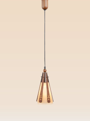 Rustic cone-shaped wooden pendant light with carved details and frosted glass panels – Checkmark Model 22 – Traditional handcrafted ceiling fixture