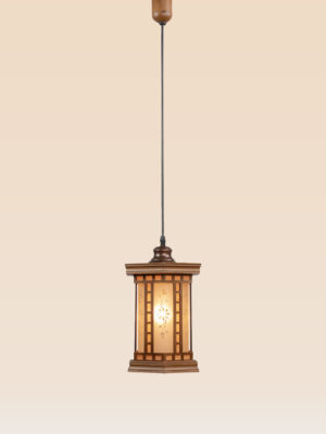 Vertical wooden pendant light with etched frosted glass and classic lantern design — Checkmark Model 24 — perfect for entryways, hallways, and intimate corners