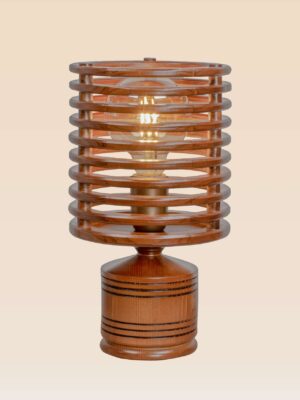 Contemporary wooden table lamp with cylindrical cage design and exposed LED bulb, crafted for ambient lighting in modern living spaces.