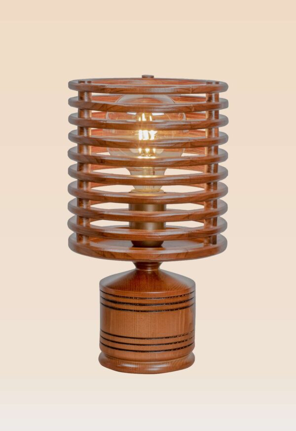 Contemporary wooden table lamp with cylindrical cage design and exposed LED bulb, crafted for ambient lighting in modern living spaces.