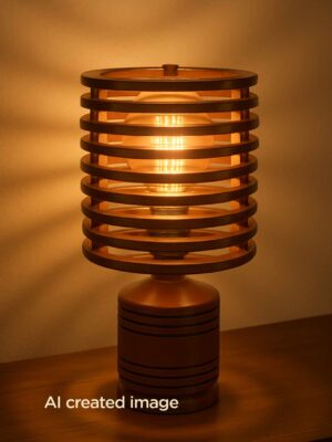 Modern wooden table lamp with horizontal slat design, warm ambient lighting, and cylindrical base with dark decorative grooves – perfect for contemporary interiors.