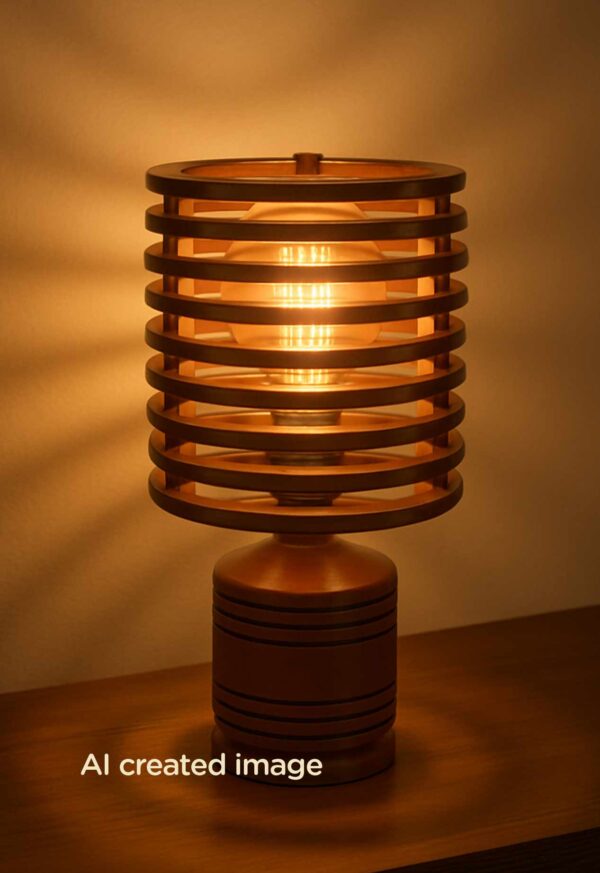 Modern wooden table lamp with horizontal slat design, warm ambient lighting, and cylindrical base with dark decorative grooves – perfect for contemporary interiors.