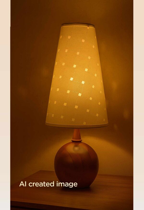 Elegant wooden table lamp with round base and tall fabric shade, casting a soft amber glow—ideal for cozy, ambient bedroom or living room lighting