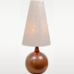 Elegant wooden table lamp with round base and tall fabric shade, casting a soft amber glow—ideal for cozy, ambient bedroom or living room lighting-off
