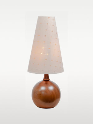 Elegant wooden table lamp with round base and tall fabric shade, casting a soft amber glow—ideal for cozy, ambient bedroom or living room lighting-off