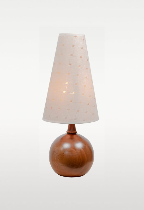 Elegant wooden table lamp with round base and tall fabric shade, casting a soft amber glow—ideal for cozy, ambient bedroom or living room lighting-off