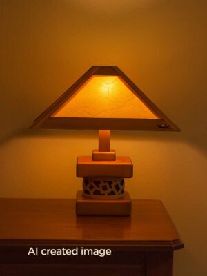 Wooden table lamp with geometric shade and artistic base – Checkmark-lights