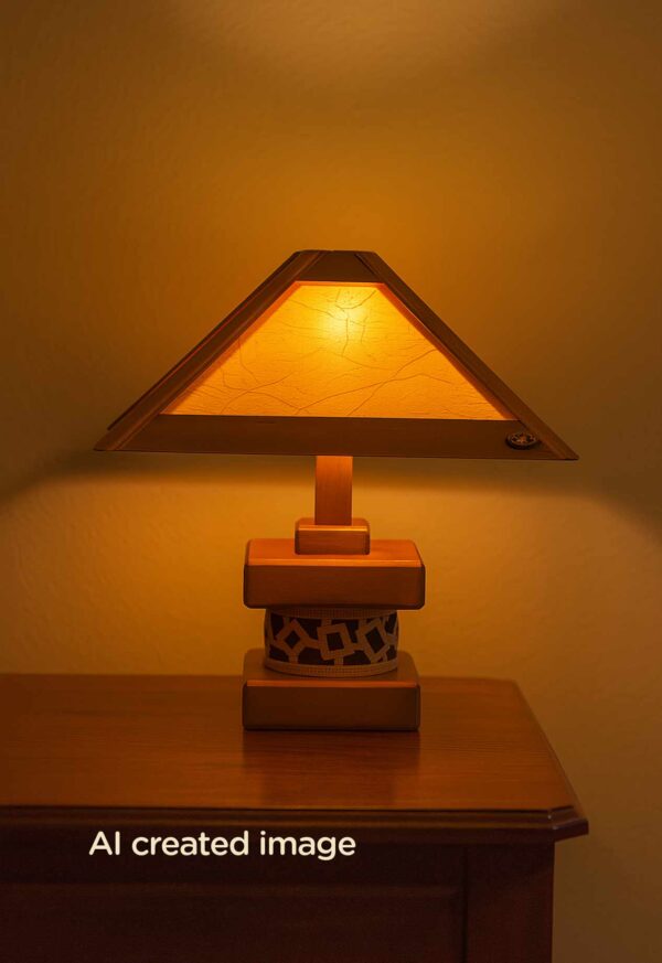 Wooden table lamp with geometric shade and artistic base – Checkmark-lights