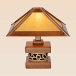 Wooden table lamp with geometric shade and artistic base – Checkmark