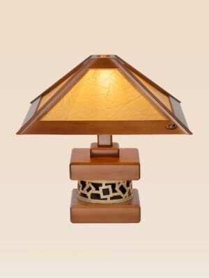 Wooden table lamp with geometric shade and artistic base – Checkmark