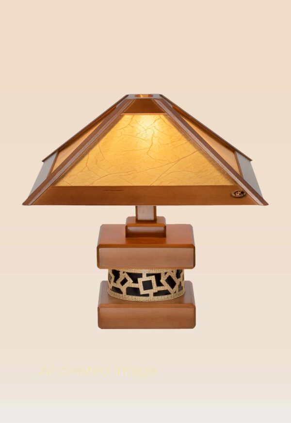 Wooden table lamp with geometric shade and artistic base – Checkmark