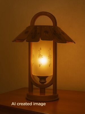 Lantern-style wooden table lamp with floral carvings – Checkmark-lights-on