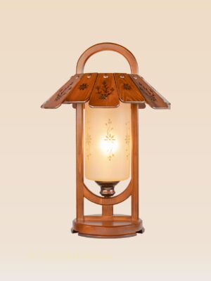 Lantern-style wooden table lamp with floral carvings – Checkmark