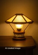 Artistic wooden table lamp with wide woven-pattern shade – Checkmark-light-on