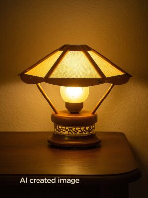 Artistic wooden table lamp with wide woven-pattern shade – Checkmark-light-on