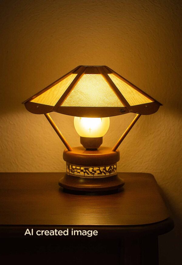 Artistic wooden table lamp with wide woven-pattern shade – Checkmark-light-on