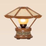Artistic wooden table lamp with wide woven-pattern shade – Checkmark