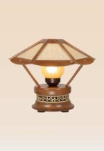 Artistic wooden table lamp with wide woven-pattern shade – Checkmark