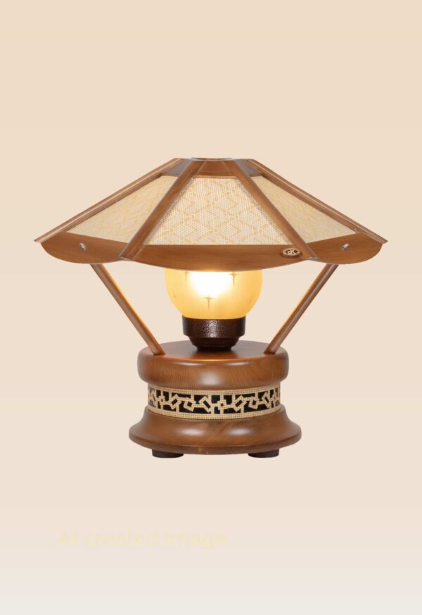 Artistic wooden table lamp with wide woven-pattern shade – Checkmark
