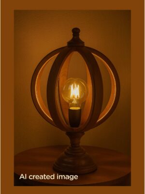 Artistic wooden table lamp with wide circle-pattern shade – Checkmark-lights-on