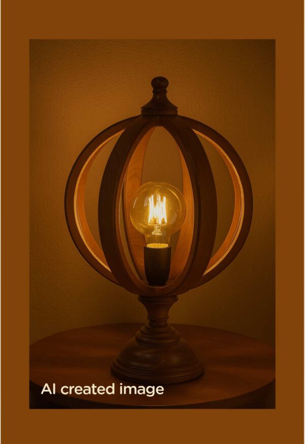 Artistic wooden table lamp with wide circle-pattern shade – Checkmark-lights-on