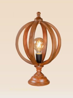 Artistic wooden table lamp with wide circle-pattern shade – Checkmark