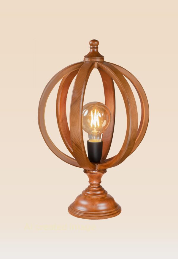 Artistic wooden table lamp with wide circle-pattern shade – Checkmark