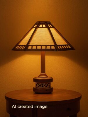 Tall wooden table lamp with geometric shade and detailed base – Checkmark-light-on