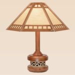 Tall wooden table lamp with geometric shade and detailed base – Checkmark