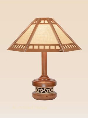 Tall wooden table lamp with geometric shade and detailed base – Checkmark