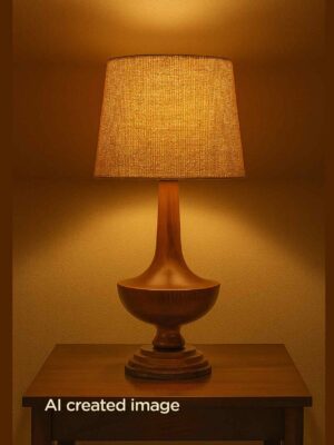 Classic wooden table lamp with natural woven shade – Checkmark-light-on