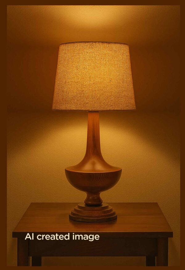Classic wooden table lamp with natural woven shade – Checkmark-light-on