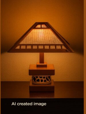 Wooden table lamp with pyramid geometric shade and detailed base – Checkmark-light-on