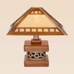 Wooden table lamp with pyramid geometric shade and detailed base – Checkmark