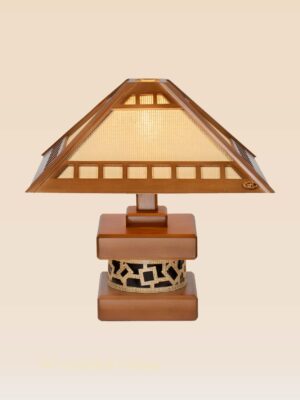 Wooden table lamp with pyramid geometric shade and detailed base – Checkmark