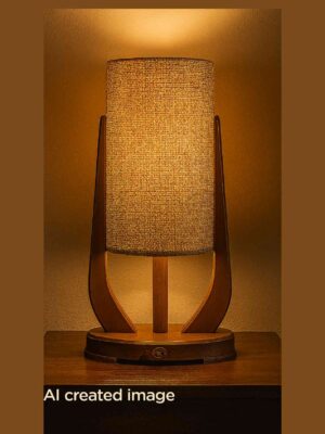 Modern wooden table lamp with tall cylindrical woven shade on curved wood base – Checkmark-light-on