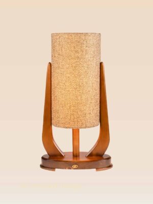 Modern wooden table lamp with tall cylindrical woven shade on curved wood base – Checkmark