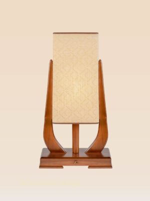 Modern wooden table lamp with tall rectangular woven shade and curved supports – Checkmark