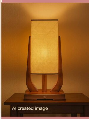 Modern wooden table lamp with tall rectangular woven shade and curved supports – Checkmark-light-on