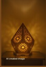 Wooden table lamp with floral cutout design and pentagonal shape emitting warm ambient light-light-on