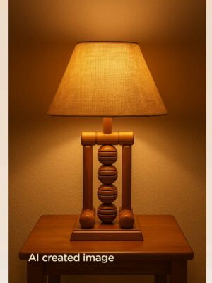 Rustic wooden table lamp with stacked sphere centerpiece and burlap-style conical shade – Model 513-light-on