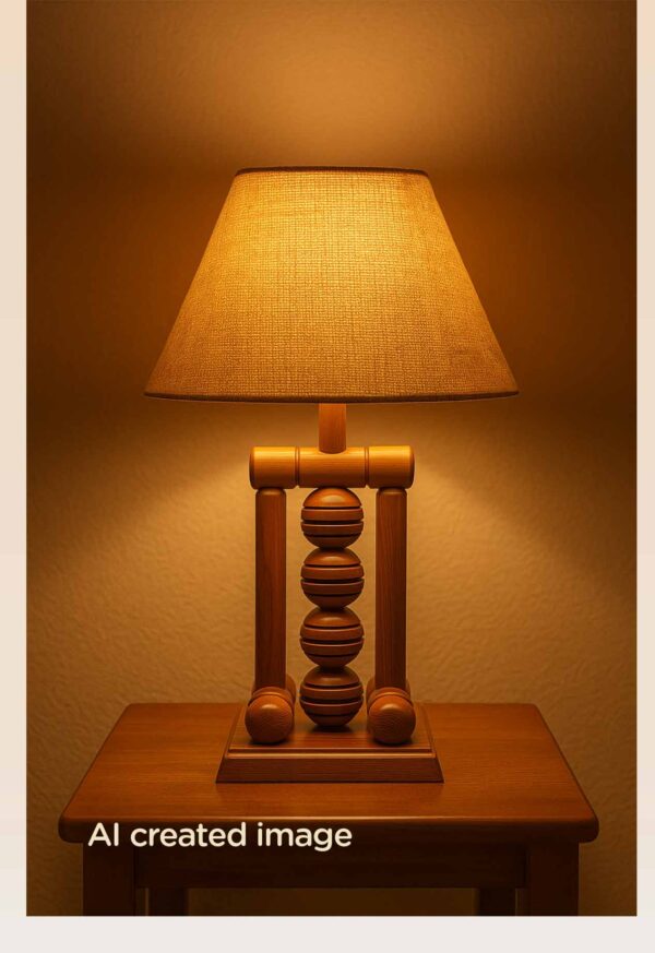 Rustic wooden table lamp with stacked sphere centerpiece and burlap-style conical shade – Model 513-light-on
