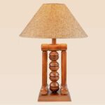 Rustic wooden table lamp with stacked sphere centerpiece and burlap-style conical shade – Model 513